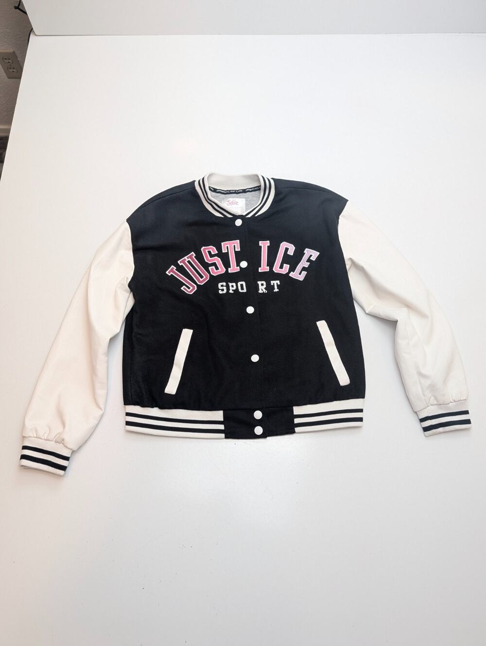 Justice Girls Varsity Jacket Size Large 12 14 Black White Bomber Coat Sport